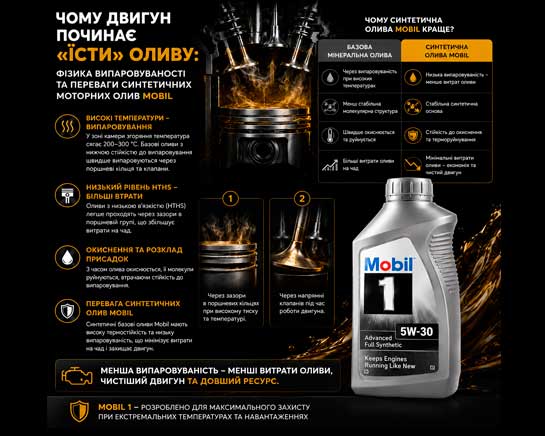 Чому двигун починає “їсти” оливу: фізика випаровуваності та переваги синтетичних моторних олив Mobil