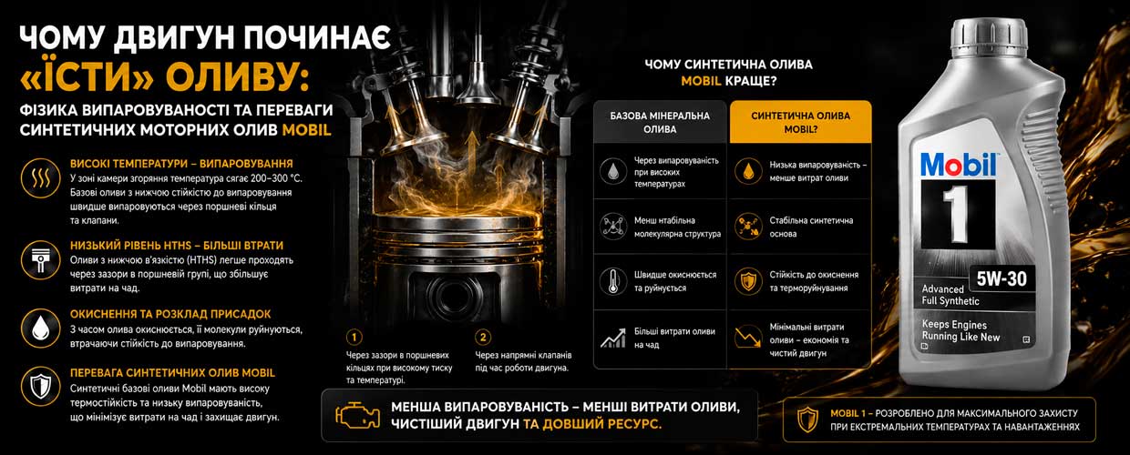 Чому двигун починає “їсти” оливу: фізика випаровуваності та переваги синтетичних моторних олив Mobil