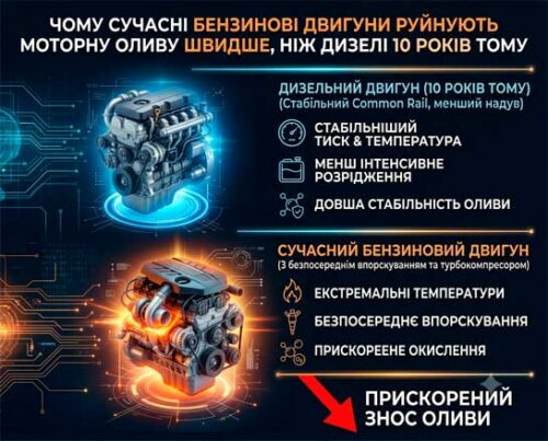 Чому сучасні бензинові двигуни руйнують моторну оливу швидше, ніж дизелі 10 років тому