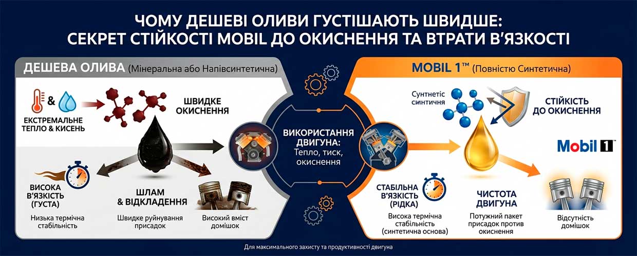 Чому дешеві оливи густішають швидше: секрет стійкості Mobil до окиснення та втрати в’язкості