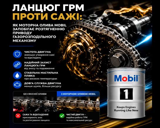 Ланцюг ГРМ проти сажі: як моторна олива Mobil запобігає розтягуванню приводу газорозподільного механізму