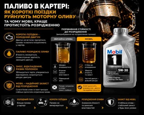 Паливо в картері: як короткі поїздки руйнують моторну оливу та чому Mobil краще протистоїть розрідженню